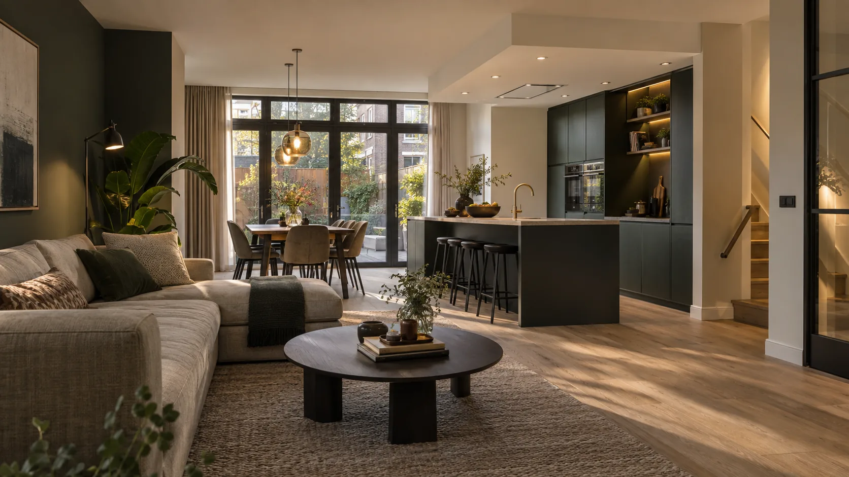 Ontwerpvisualisatie van een modern gerenoveerd interieur met open keuken en woonkamer