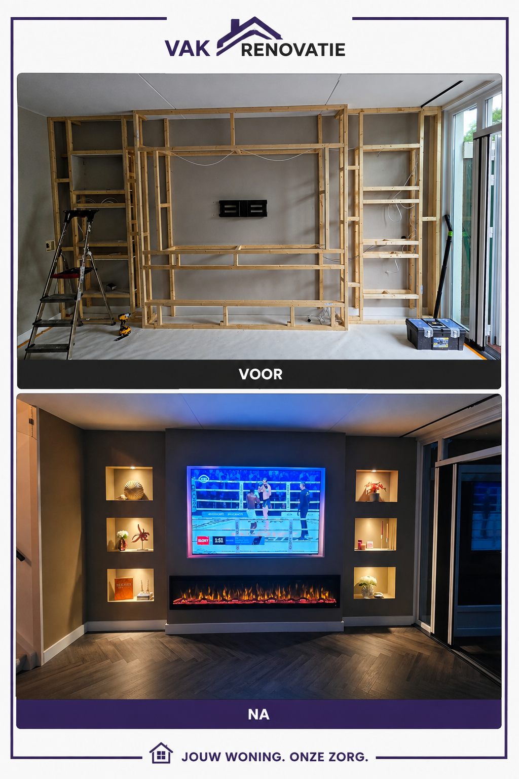 Cinewall met verlichte nissen: voor en na – Vakrenovatie