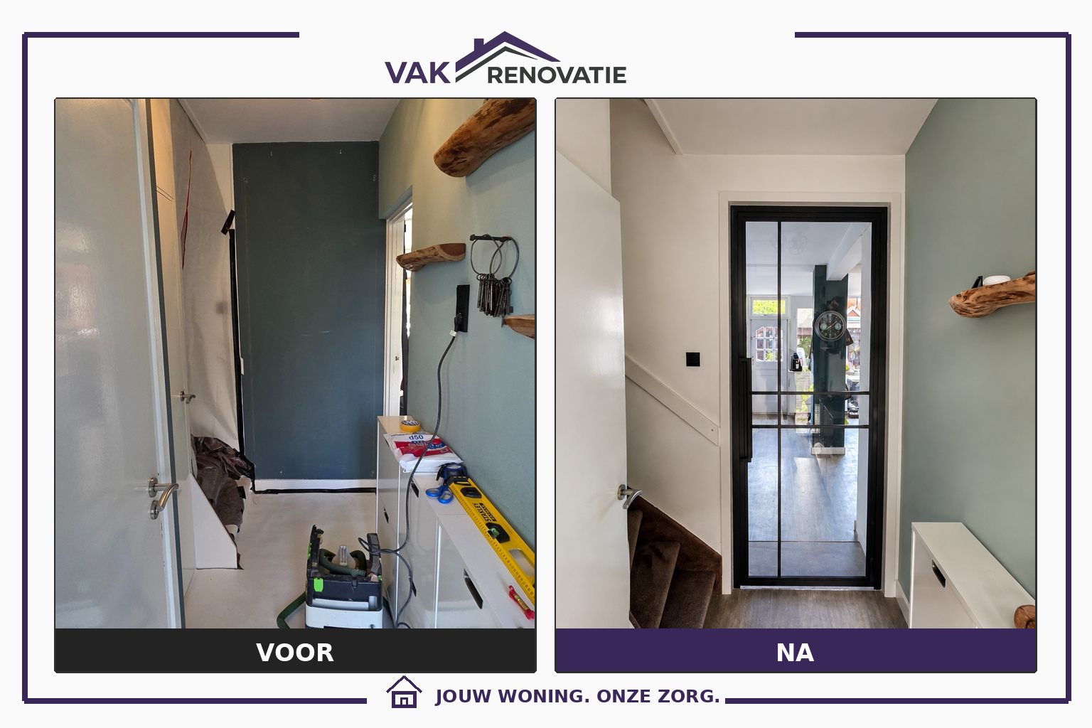 Hal met glazen binnendeur: voor en na – Vakrenovatie